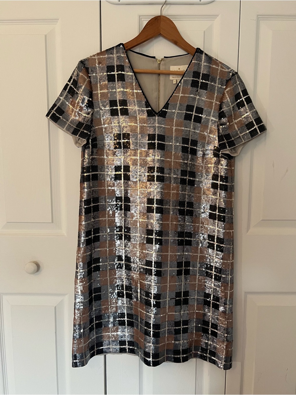 kate spade Sequin Plaid V-Neck Mini Dress in Silver Brown & Black - Picture 3 of 9